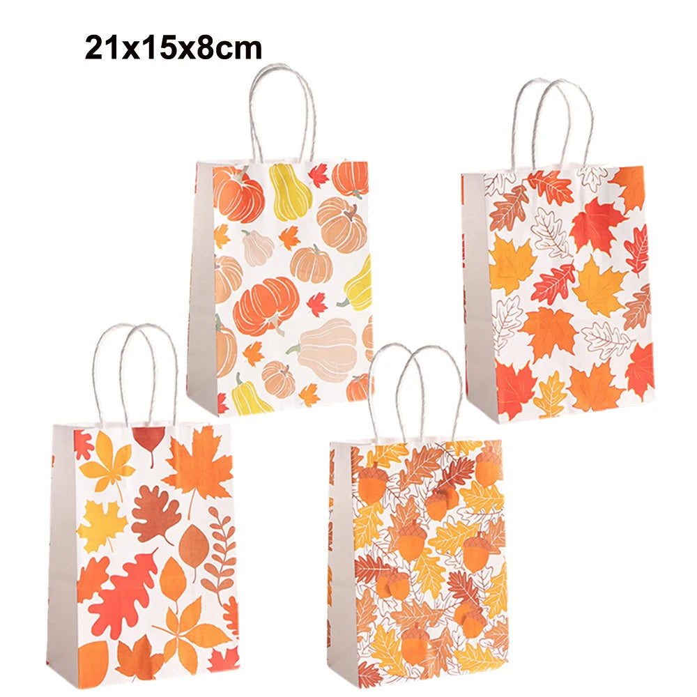 Thanksgiving Kraft Gift Bags | Maple Leaf, Pumpkin & Turkey Print Kraft Paper Gift Bags Babs