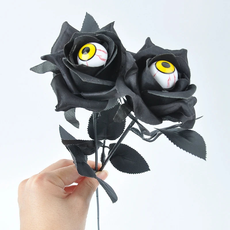 Halloween Artificial Black Roses with Eyeball – DIY Bouquet Decor Artificial Halloween Flowers Babs