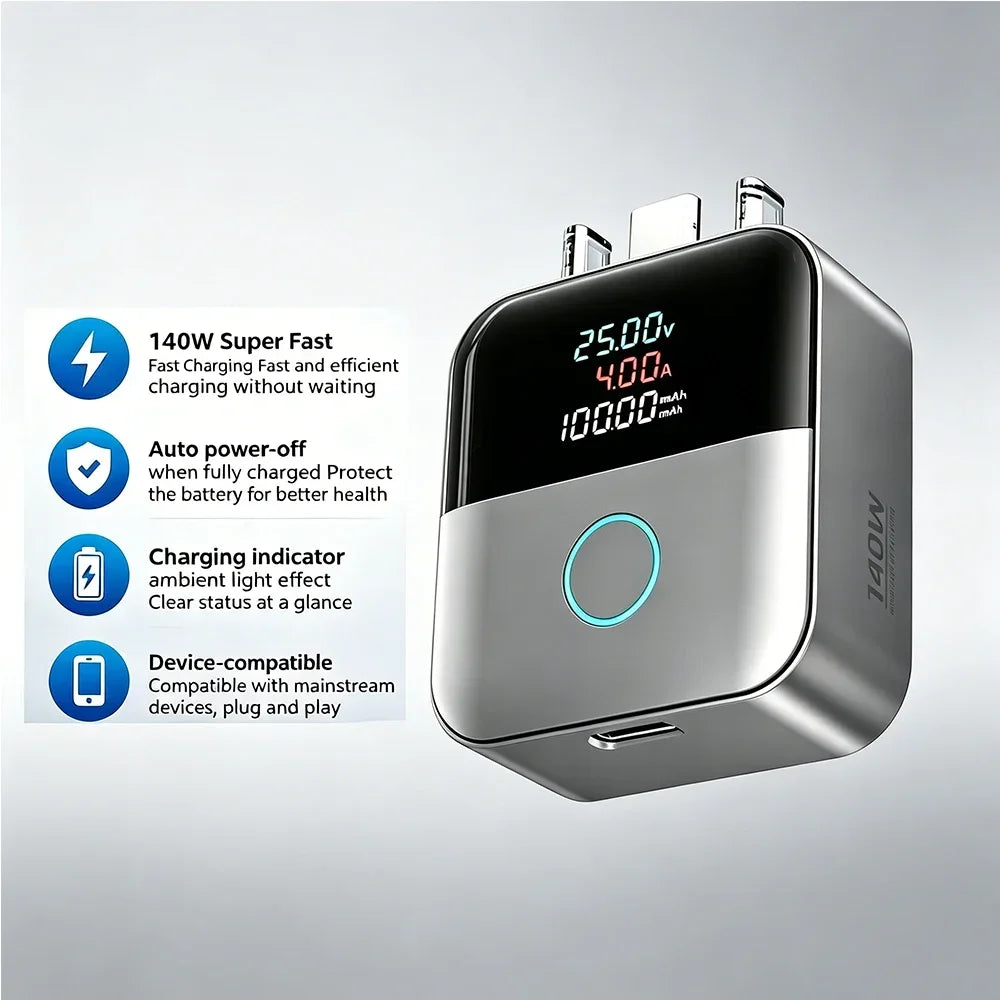 USB-C Auto Disconnect Charger Adapter 140W Digital Display USB-C Charger Adapter Babs