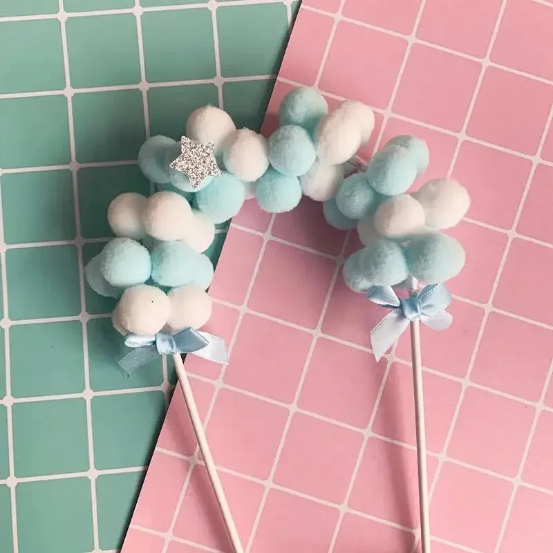 Pink Blue Pompom Cloud Cake Toppers – Baby Shower & Birthday Cake Topper Babs blue 2pcs