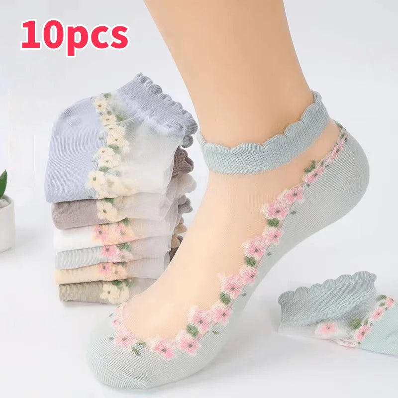 10-Pack Sheer Floral Ankle Socks – Ruffle Mesh for Women Ankle Socks Babs