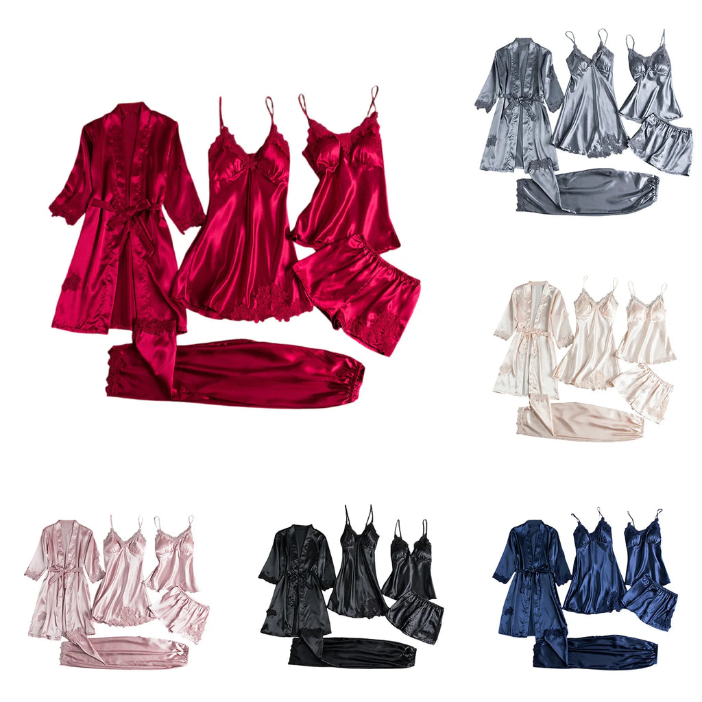 Ice Silk Women's 5-Piece Sleepwear Robe & Nightgown Set Sleepwear Robe Set Babs