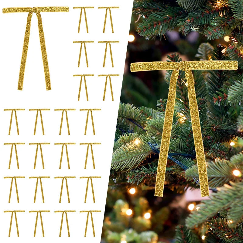 12pcs Red Gold Velvet Bow Christmas Tree Glitter Ornaments Christmas Bow Ornaments Babs Gold 17cm