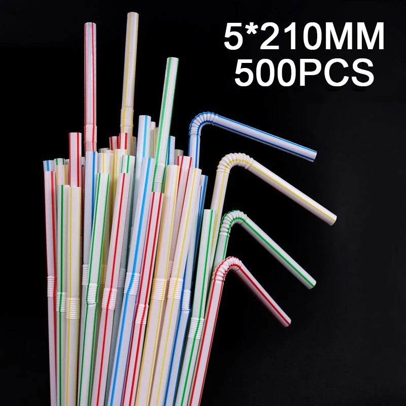Bendable Multicolor Fluorescent Plastic Drinking Straws Disposable Drinking Straws Babs Stripe 500Pcs