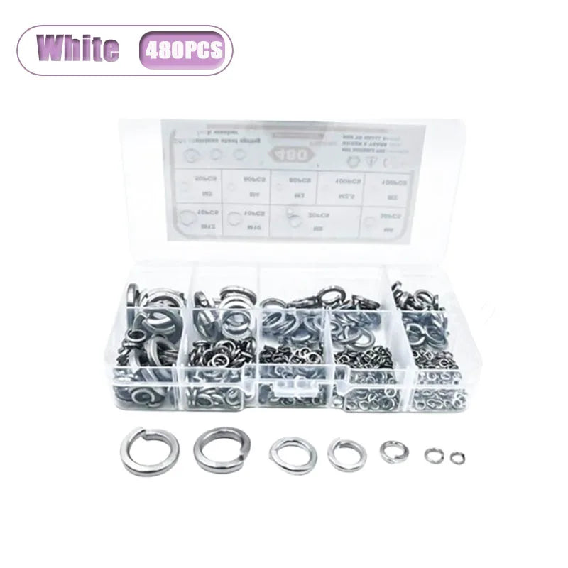 480pc Stainless Steel Lock Washer Assortment Kit M3–M10 Washer Assortment Kit Babs White-480PCS