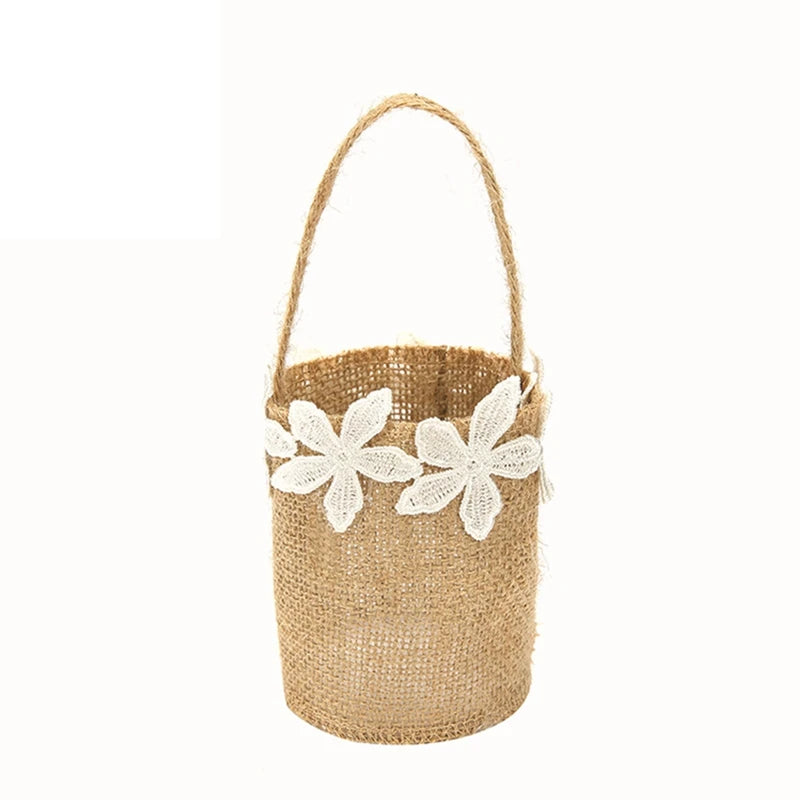 Rustic Lace Linen Flower Basket – Wedding & Party Gift Bag Decorative Flower Basket Babs 4