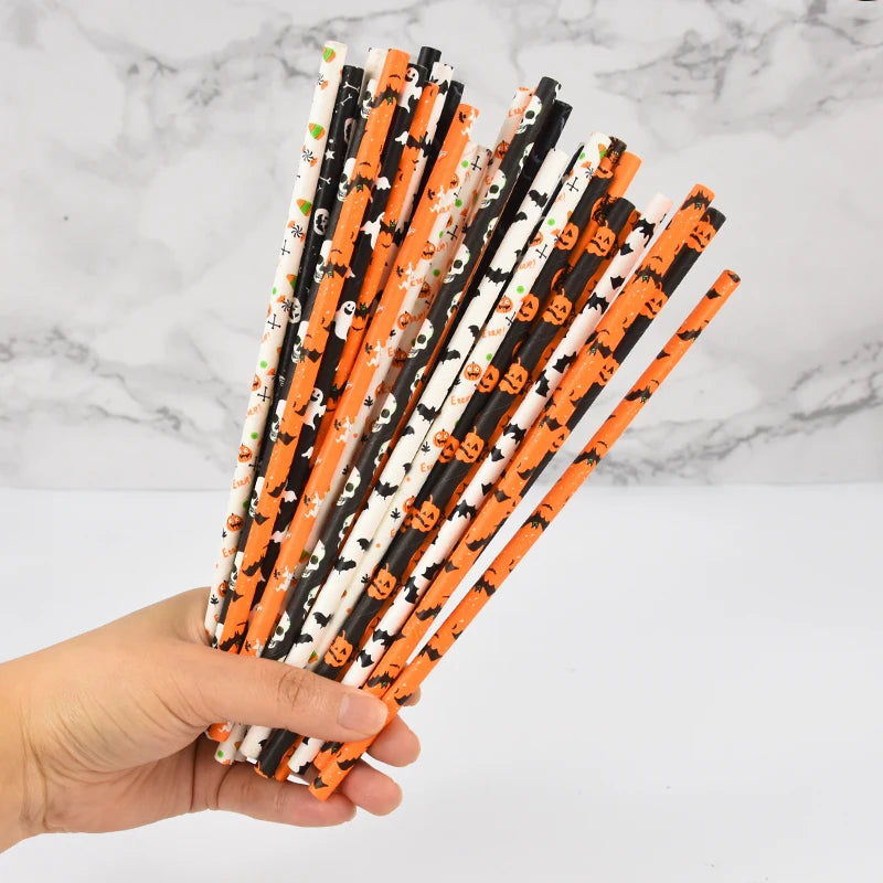 Halloween Paper Straws 25/50pcs – Pumpkin, Bat & Ghost Halloween Paper Straws Babs