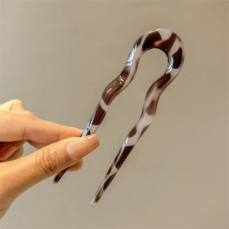 U-Shaped Tortoiseshell Hair Fork – Acetate Hair Stick for Women Hair Fork Stick Babs Leopard grey