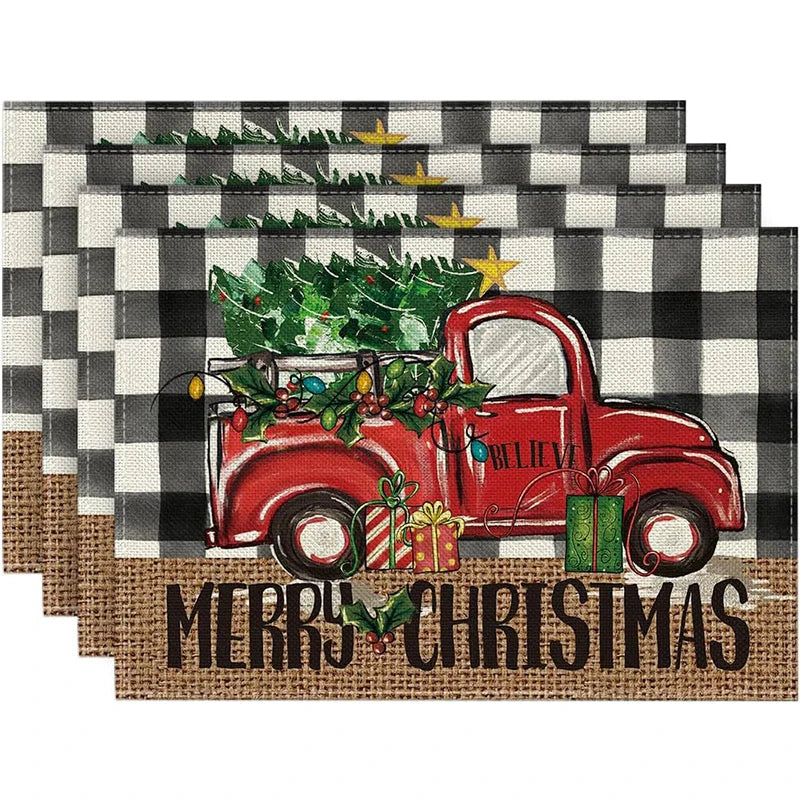 4Pcs Christmas Linen Placemats Set – Elk & Tree Table Mats Linen Placemats Set Babs SET-J Rectangle 45x30cm
