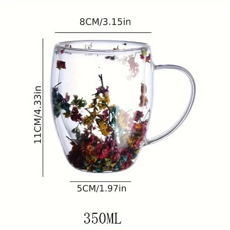 350ml Double-Walled Glass Coffee Mug | Floral Quicksand Design Glass Coffee Mug Babs
