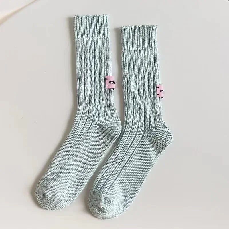 Unisex Cotton Chunky Knit Crew Socks – Retro Stacked Style Knit Crew Socks Babs Blue One Size
