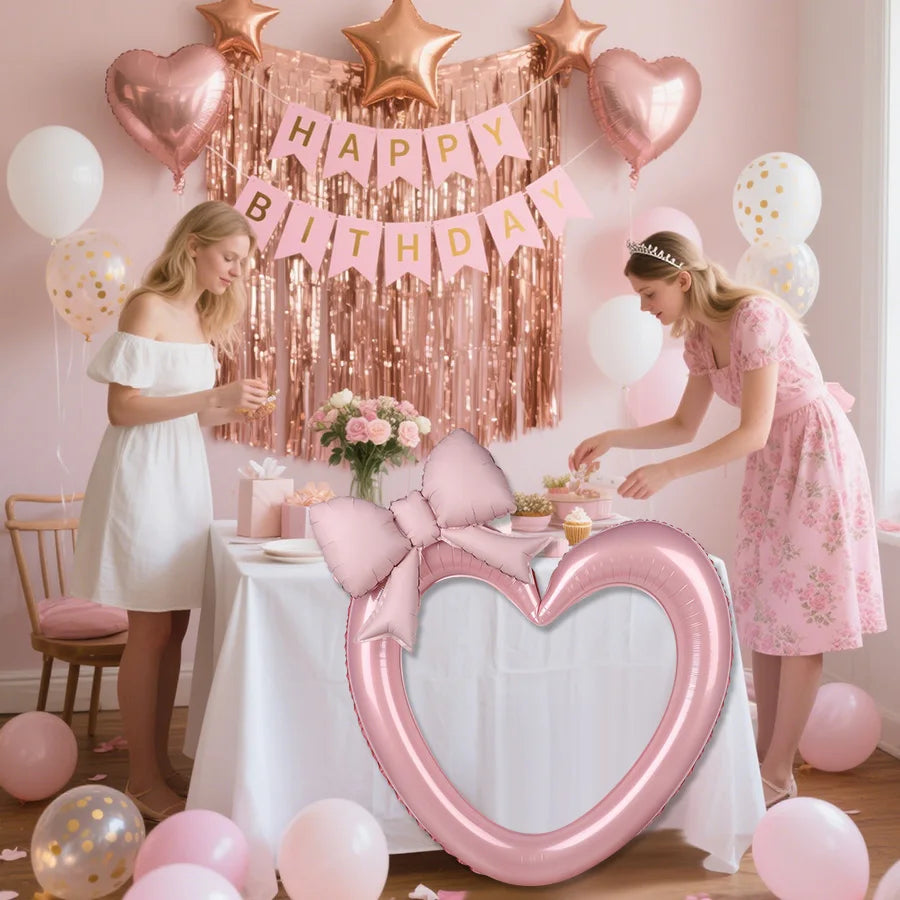 2pcs Hollow Heart Foil Balloons Pink Bow – Party Wedding Décor Foil Party Balloons Babs