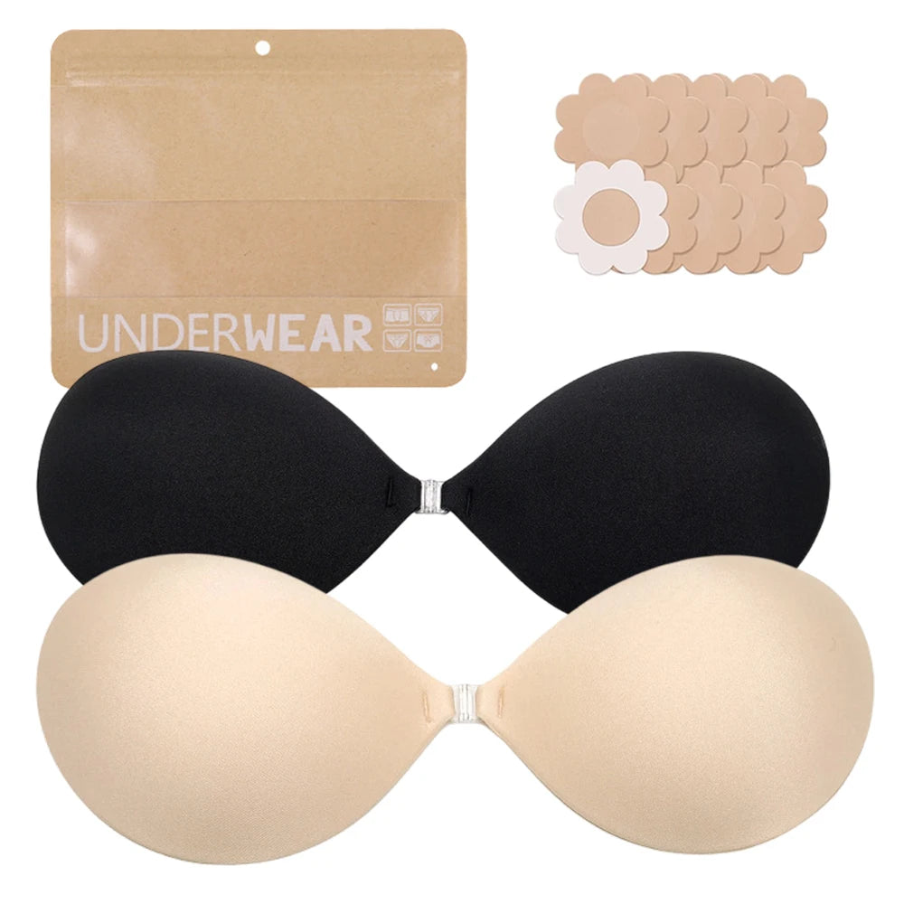 2Pcs Strapless Stick-On Bra Invisible Adhesive with Nipple Covers Adhesive Stick-On Bra Babs 2Pcs Pack 1XL