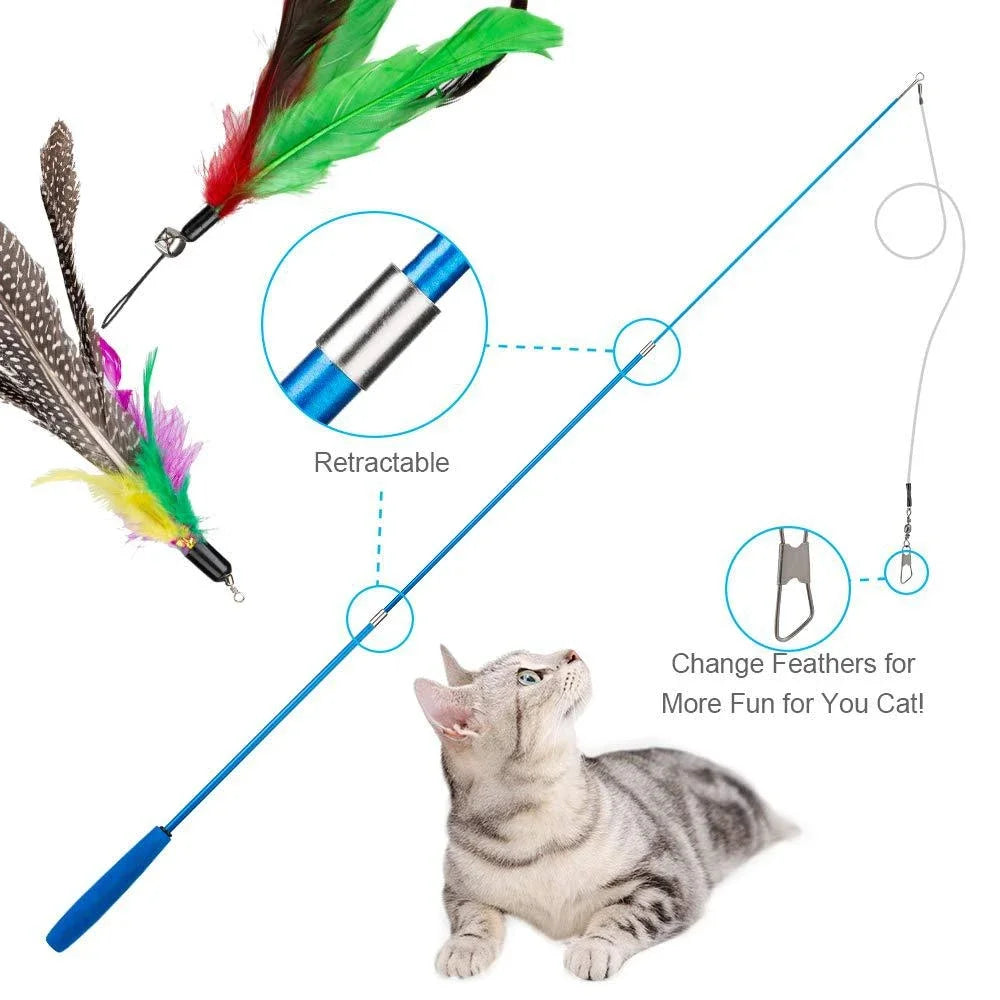 11-Piece Replacement Cat Feather Toy Set & Retractable Wand Cat Feather Toy Set Babs