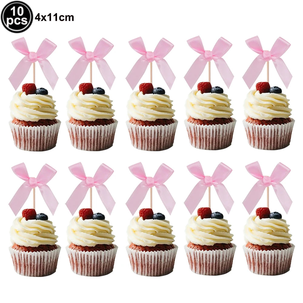 Pink Bow Cake Toppers – Birthday, Wedding & Baby Shower Cake Topper Babs Pink B 10pcs