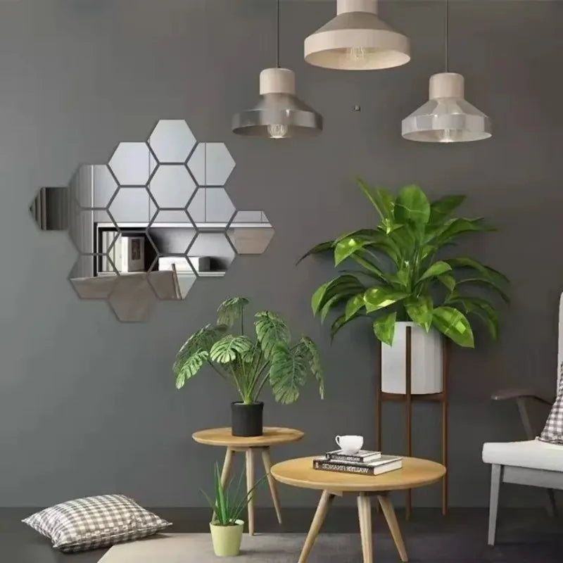 24pcs Hexagon Acrylic Mirror Wall Stickers 3D Mosaic Decal Mirror Wall Stickers Babs