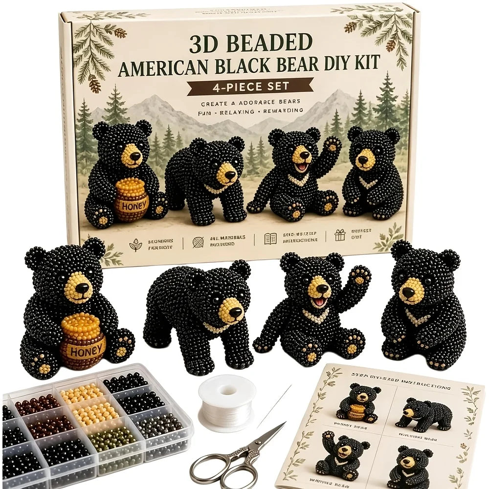 3D Beaded Bear Set – Handmade Bear Sculpture Kit, 4 Bears Bead Craft Kit Babs B-without Color box