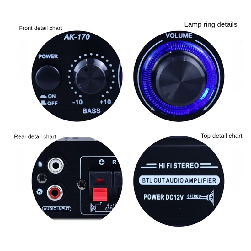 Mini HiFi 2-Channel Audio Power Amplifier 400W AK170 DC 12V Audio Power Amplifier Babs black