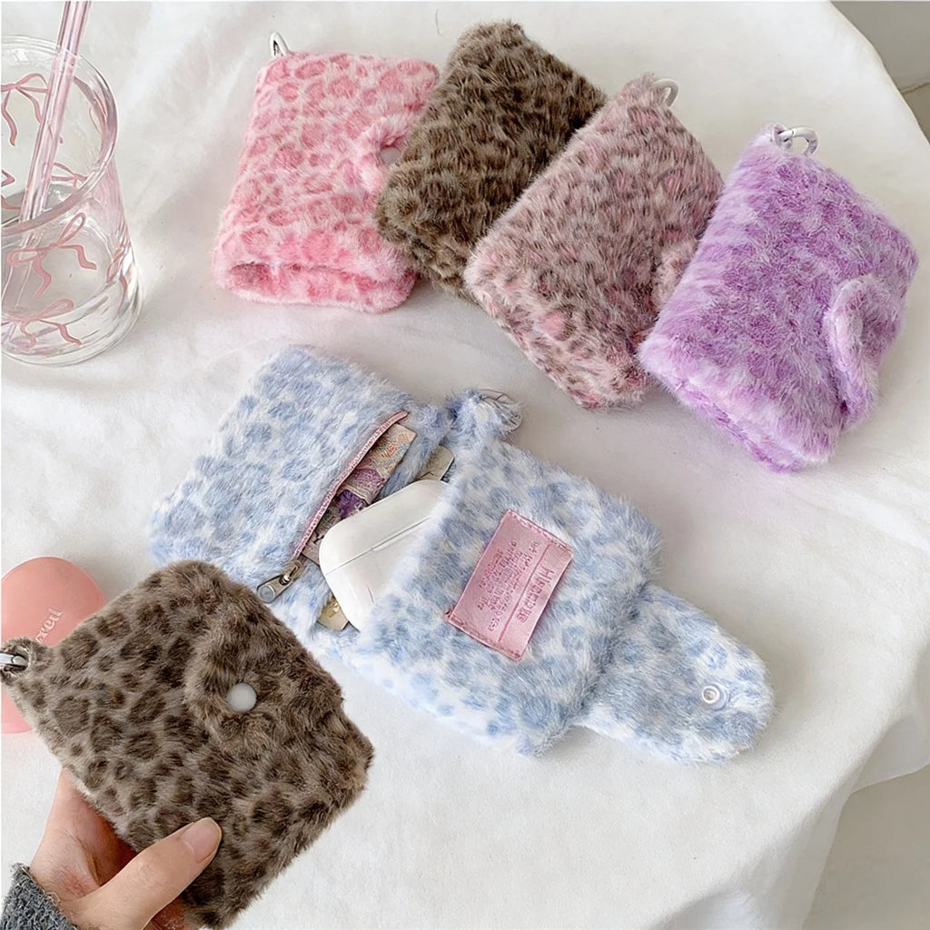 Plush Leopard Snap Card Bag – Mini Coin Wallet & Pouch Mini Snap Card Wallet Babs