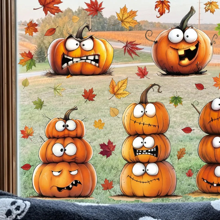 6PCS Autumn Static Cling Window Stickers | Pumpkin & Maple Leaf Window Cling Stickers Babs