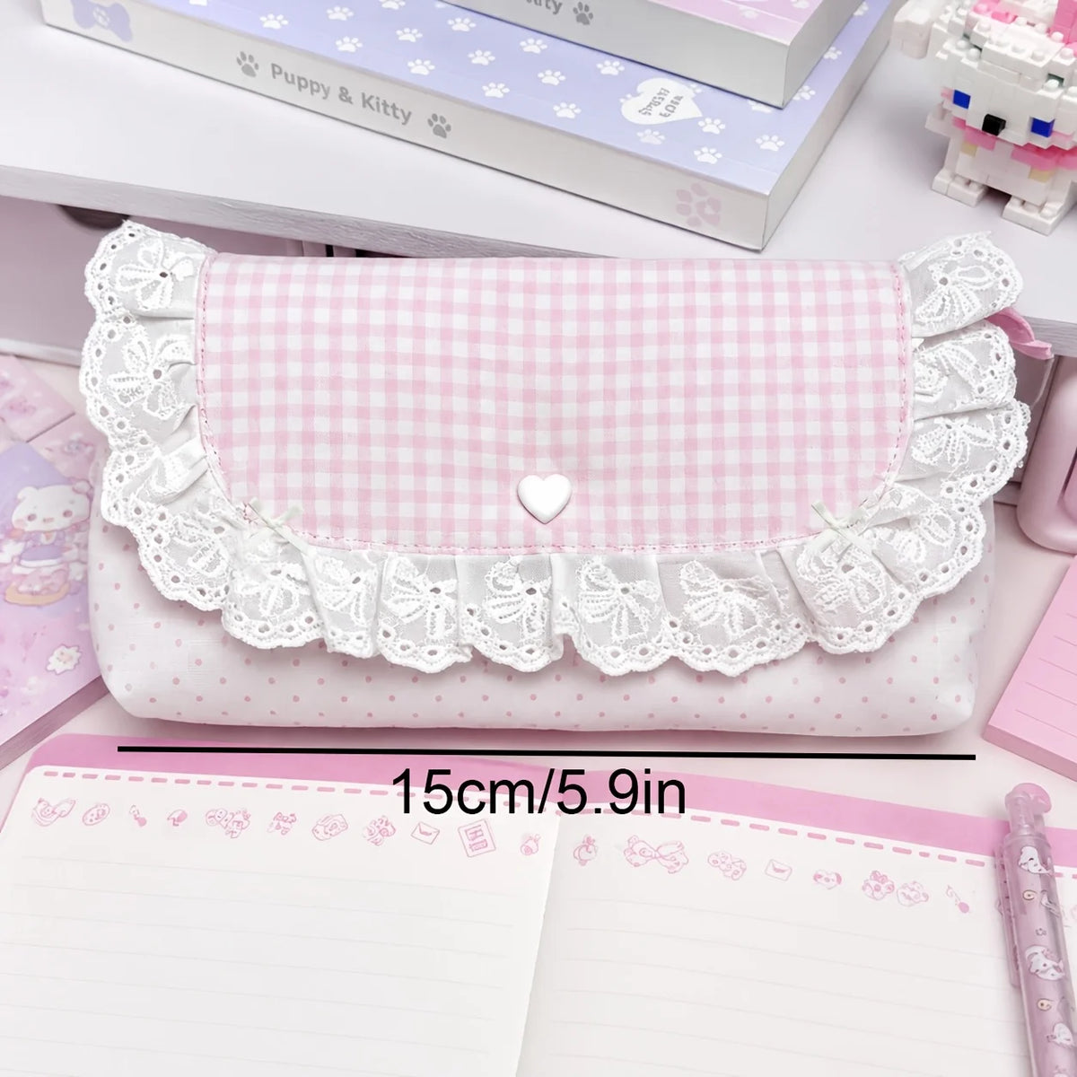 Pink Checkered Lace Pencil Case | Multifunctional Organizer Bag Pencil Case Organizer Babs