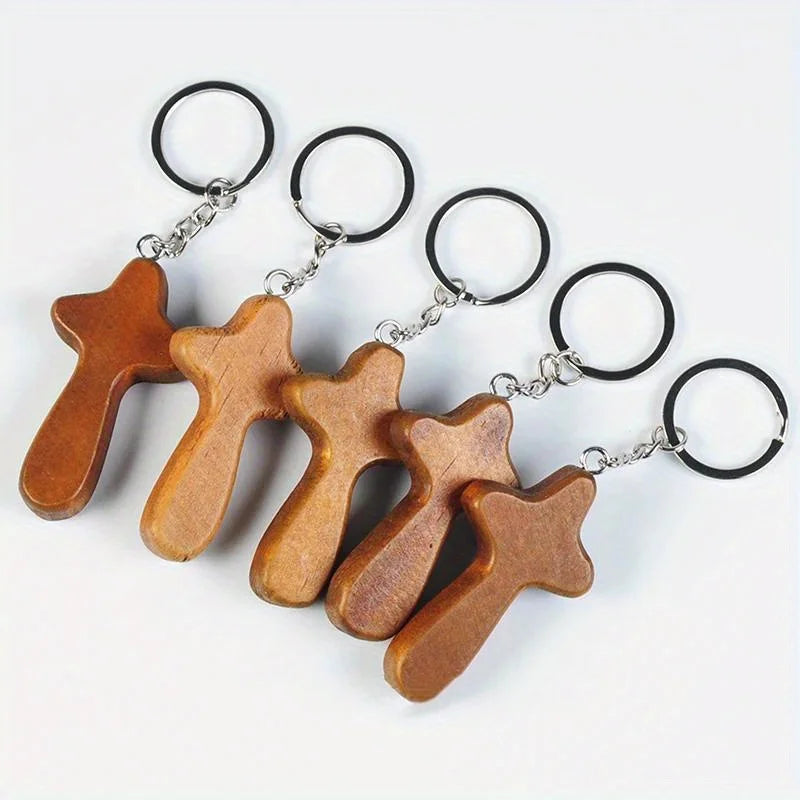 5-Pack Wooden Cross Keychain Set – Car Keyring & Bag Charm Wooden Keychain Set Babs Brown