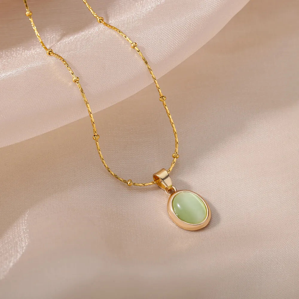 Opal Oval Pendant Necklace Gold Stainless Steel – Women's Gift Opal Pendant Necklace Babs