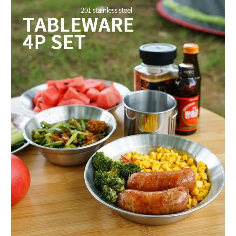 4-Piece Stainless Steel Camping Plate & Bowl Set – Portable Camping Tableware Set Babs