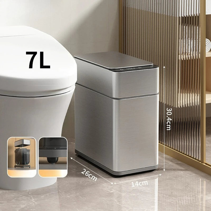 Smart Sensor Trash Can Stainless Steel 10L Kitchen Bathroom Bin Sensor Trash Can Babs 7L-Silver-Wheels