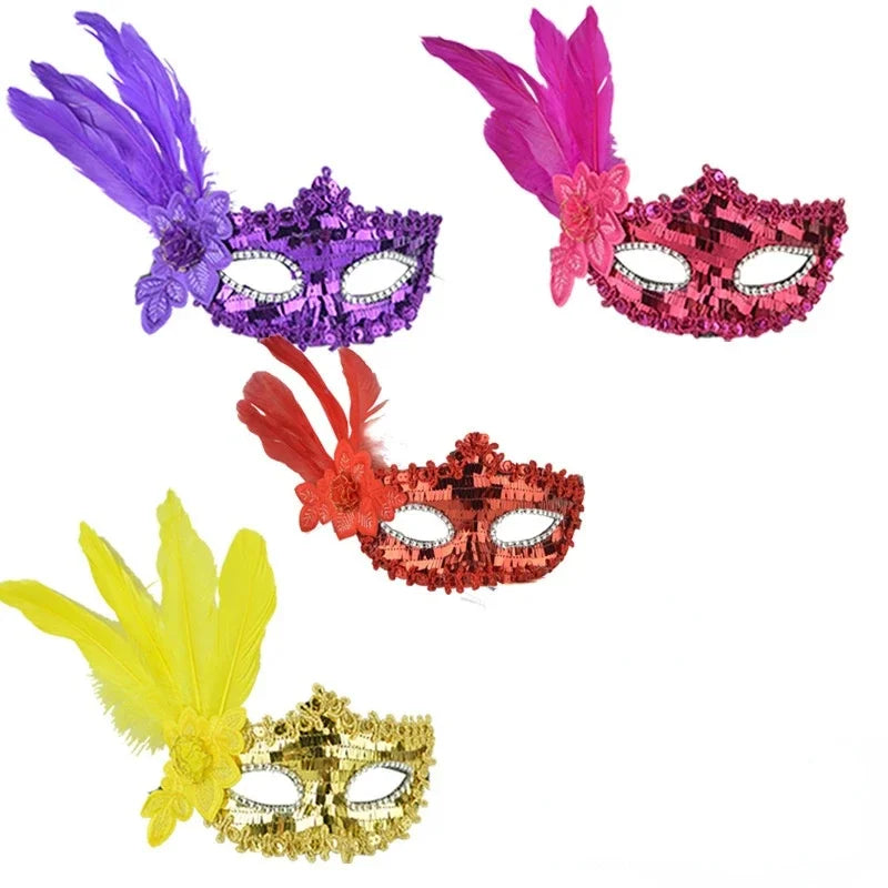 20pcs Sequin Feather Masquerade Masks – Halloween Party Set Costume Feather Mask Babs