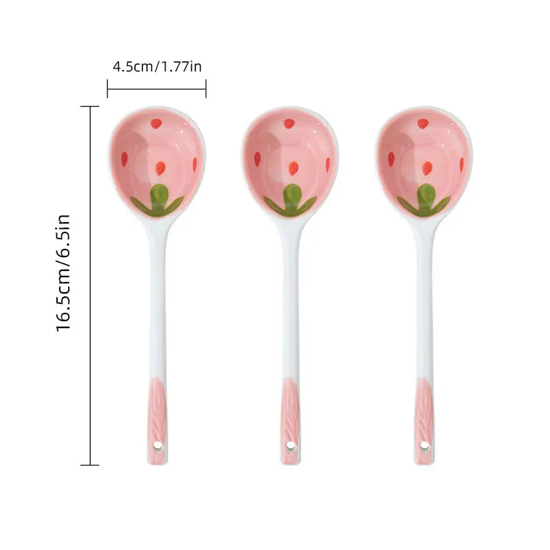 Kawaii Strawberry Ceramic Spoon – Hand-Painted Long Handle Ceramic Spoon Set Babs 3