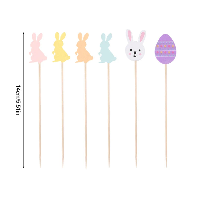 100pcs Easter Bamboo Food Picks Rabbit Egg Cupcake Skewers Disposable Food Picks Babs