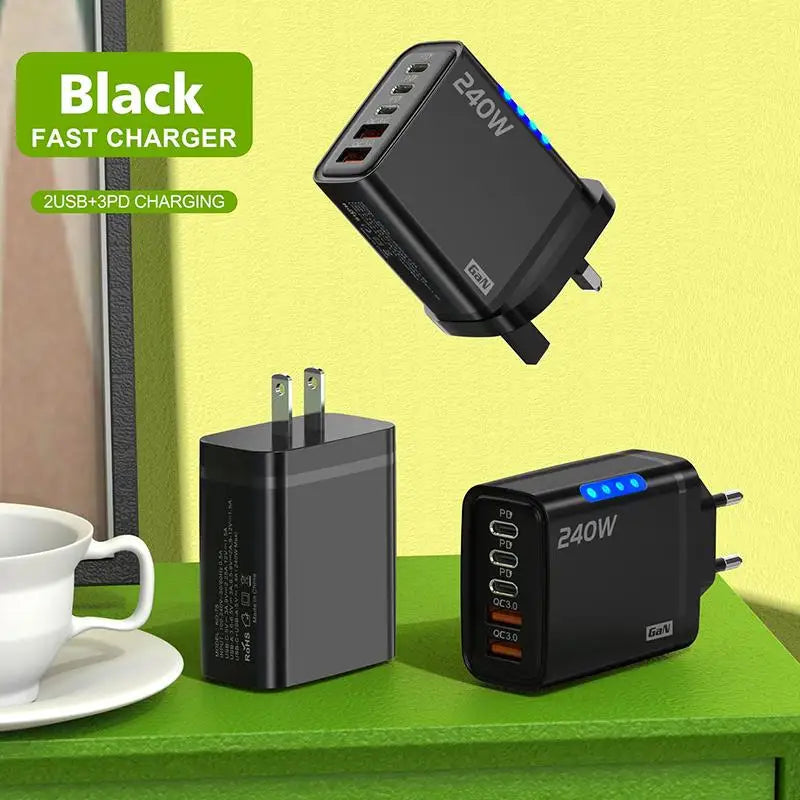 240W GaN Fast Charger 5-Port USB-C PD & QC3.0 Adapter GaN Wall Charger Babs