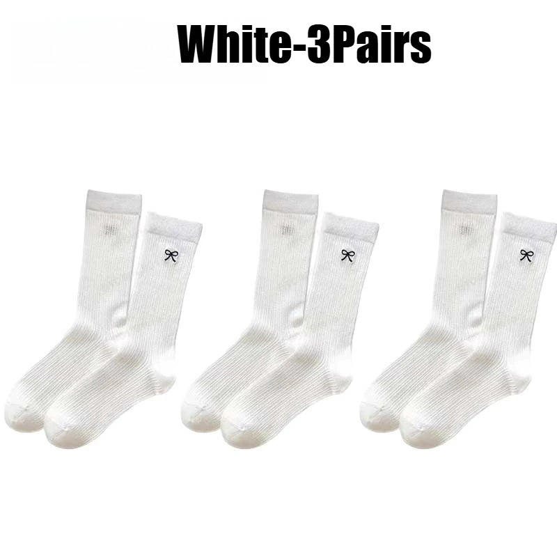 Bowknot Mesh Stacked Socks Korean Preppy Mid-Calf 1-5 Pairs Fashion Socks Babs White-3Pairs 35-39