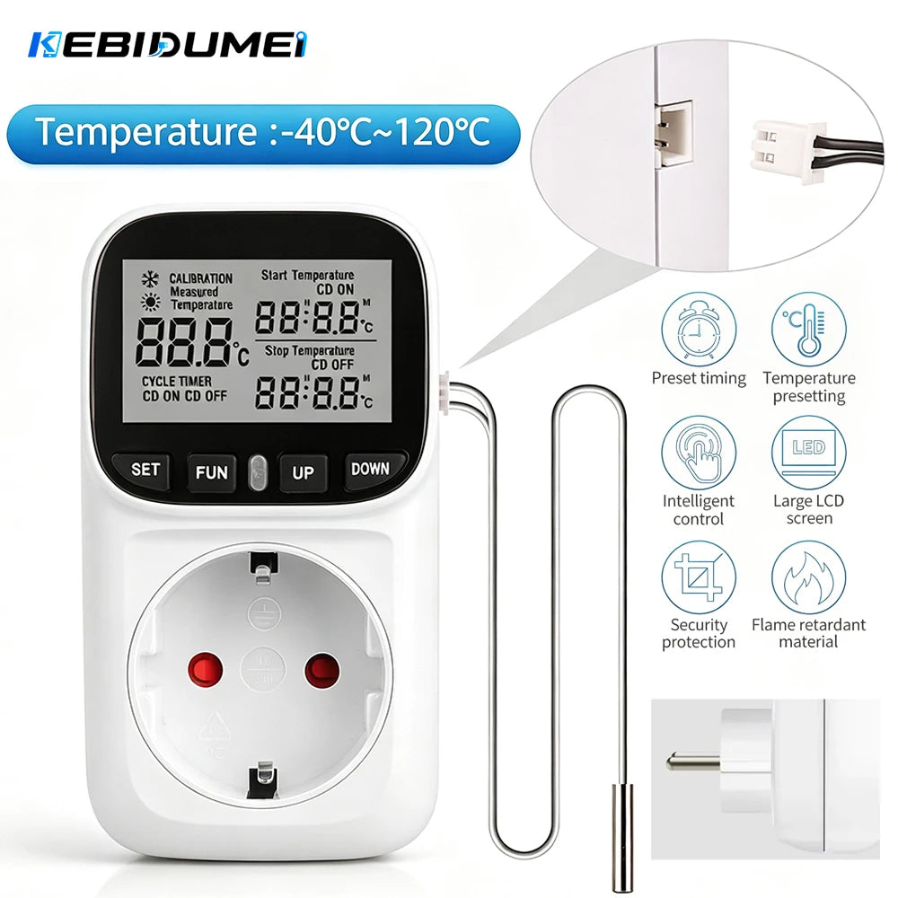 Digital LCD Thermostat Socket 16A EU Plug with Timer & Sensor Thermostat Socket Babs