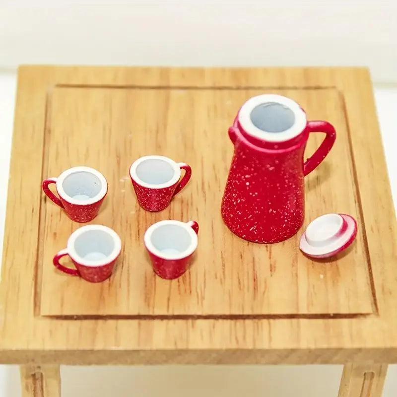 5-Piece Miniature Tea Set – Red Ceramic Kettle & Cups Decor Miniature Collectible Set Babs