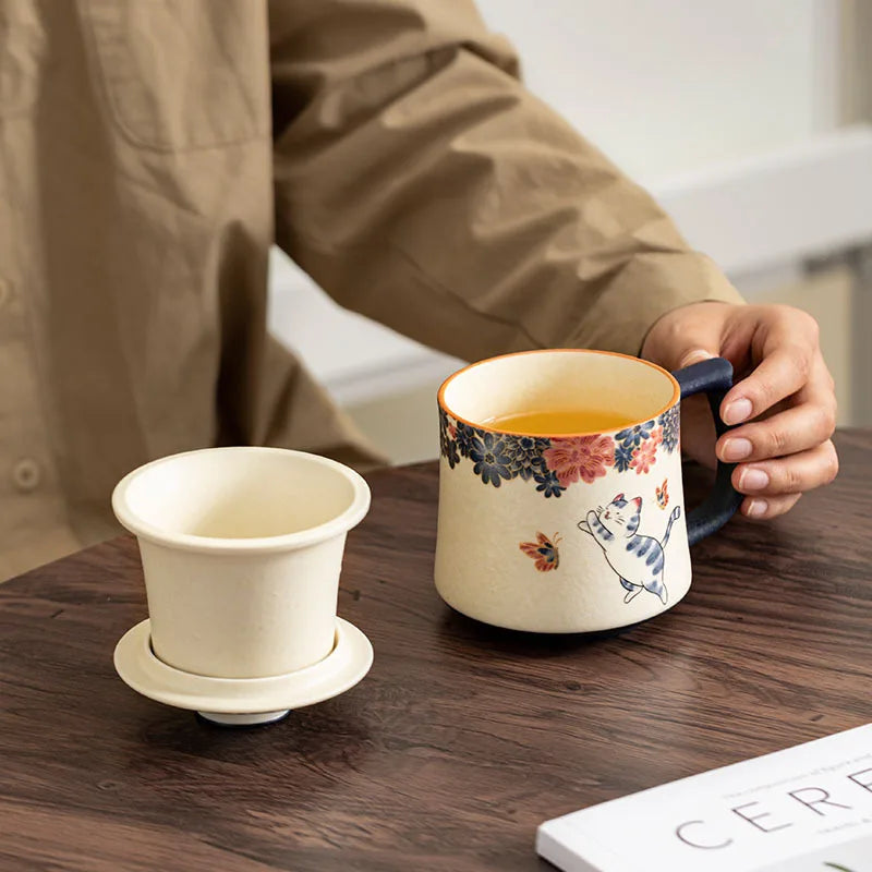 Cat Pattern Ceramic Mug with Lid | Chinese Style Teacup Ceramic Tea Mug Babs