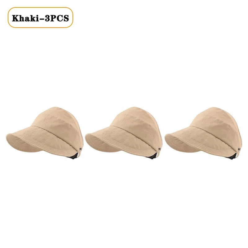 Foldable Wide Brim Ponytail Sun Hat – Adjustable Beach Cap Wide Brim Sun Hat Babs Khaki-3PCS 55-58cm