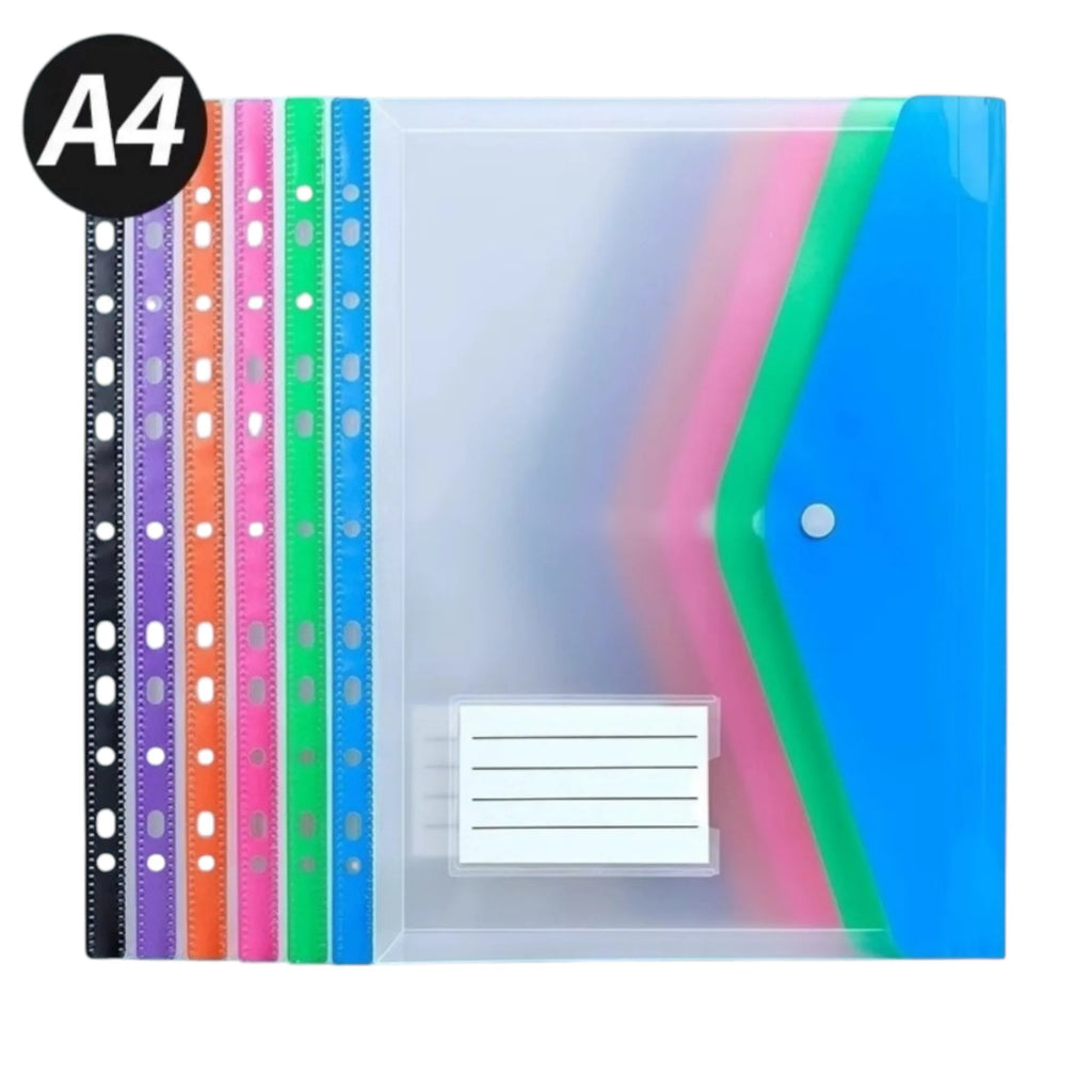 6-Pack A4 Plastic Envelope File Folders – Snap & 11-Hole Binder Plastic File Folders Babs