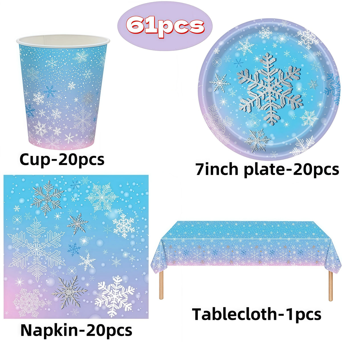 Snowflake Party Supplies – Cups, Plates, Napkins & Tablecloth Party Tableware Set Babs 61pcs others