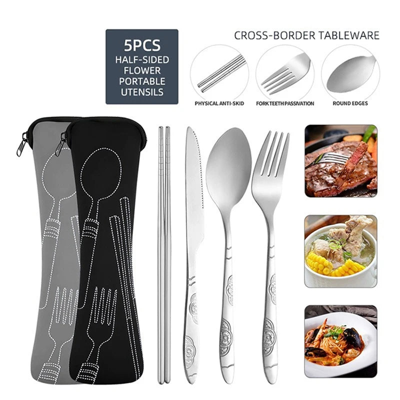 5-Piece Portable Stainless Steel Cutlery Set – Camping & Travel Travel Cutlery Set Babs