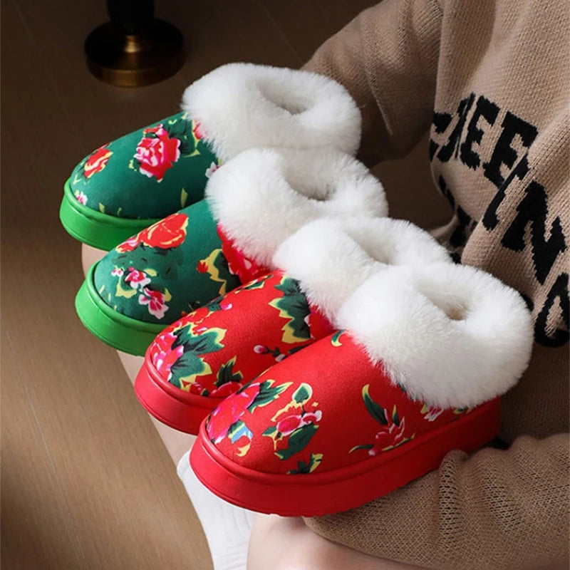 Chinese Floral Fleece-Lined Slippers – Warm Non-Slip Winter Fleece-Lined Slippers Babs