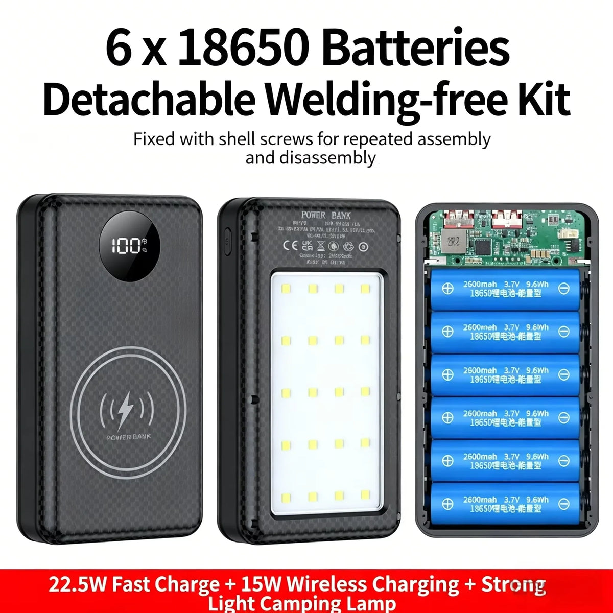 KEBIDUMEI 18650 Power Bank Case 22.5W Fast Charging + Camp Light Power Bank Case Babs