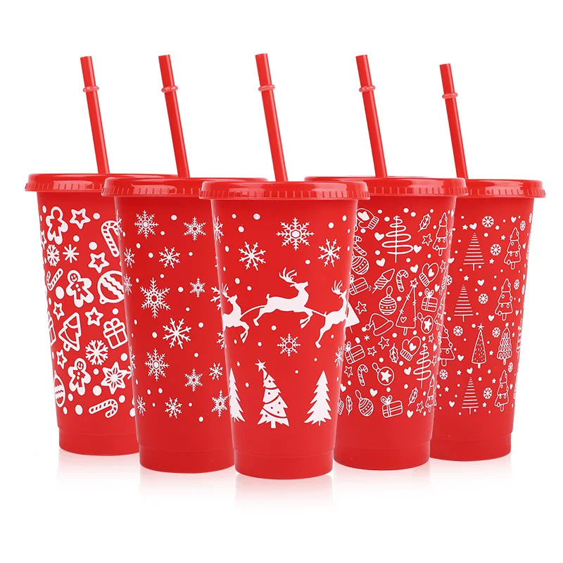5-Pack 24oz Christmas Plastic Cups with Lids & Straws – Reusable Holiday Drinkware Set Babs Red