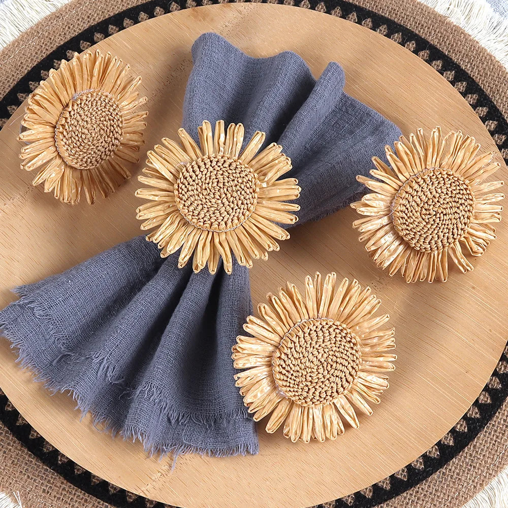 Natural Raffia Sunflower Napkin Ring Set | Rustic Woven Holders Napkin Ring Set Babs
