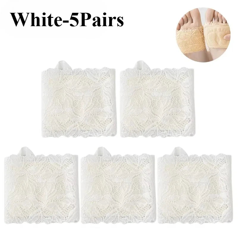 Women's Non-Slip Half Sole Lace Foot Cover Socks 1-10 Pairs Half Sole Foot Cover Babs White-5Pairs