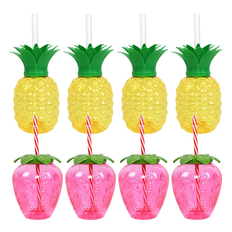 8pc Tropical Party Cups with Straws – Pineapple & Strawberry Party Drinkware Set Babs
