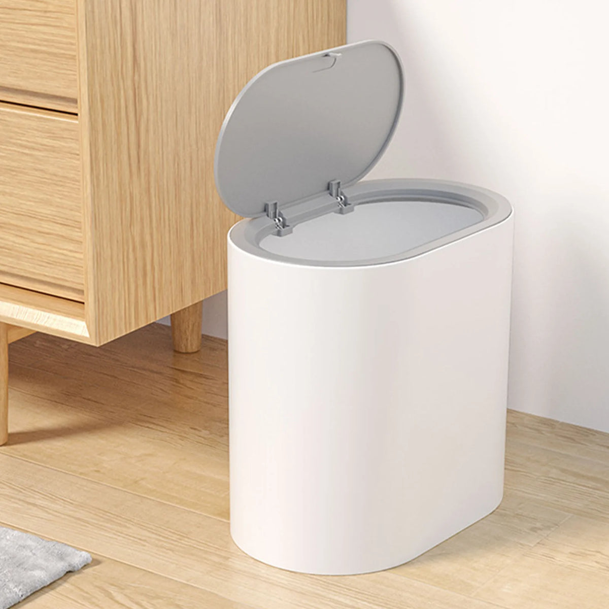 Press-Top Trash Can with Lid – Compact ABS Bathroom Bin Press-Top Trash Can Babs