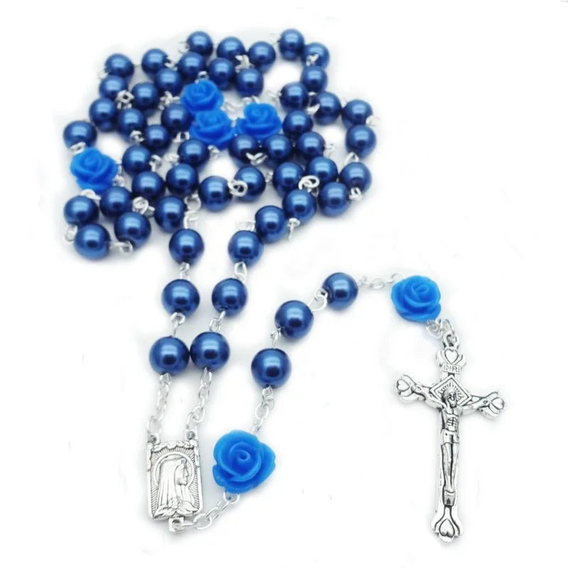 Polymer Clay Bead Rosary Cross Necklace | Catholic Gift Religious Pendant Necklace Babs Blue