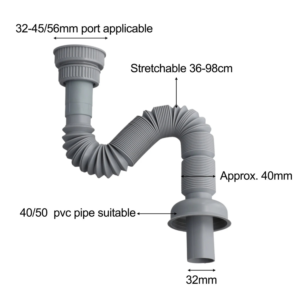 Kitchen Sink Drain Pipe – Fits 32/45/56mm | ABS Expandable Sink Drain Pipe Babs